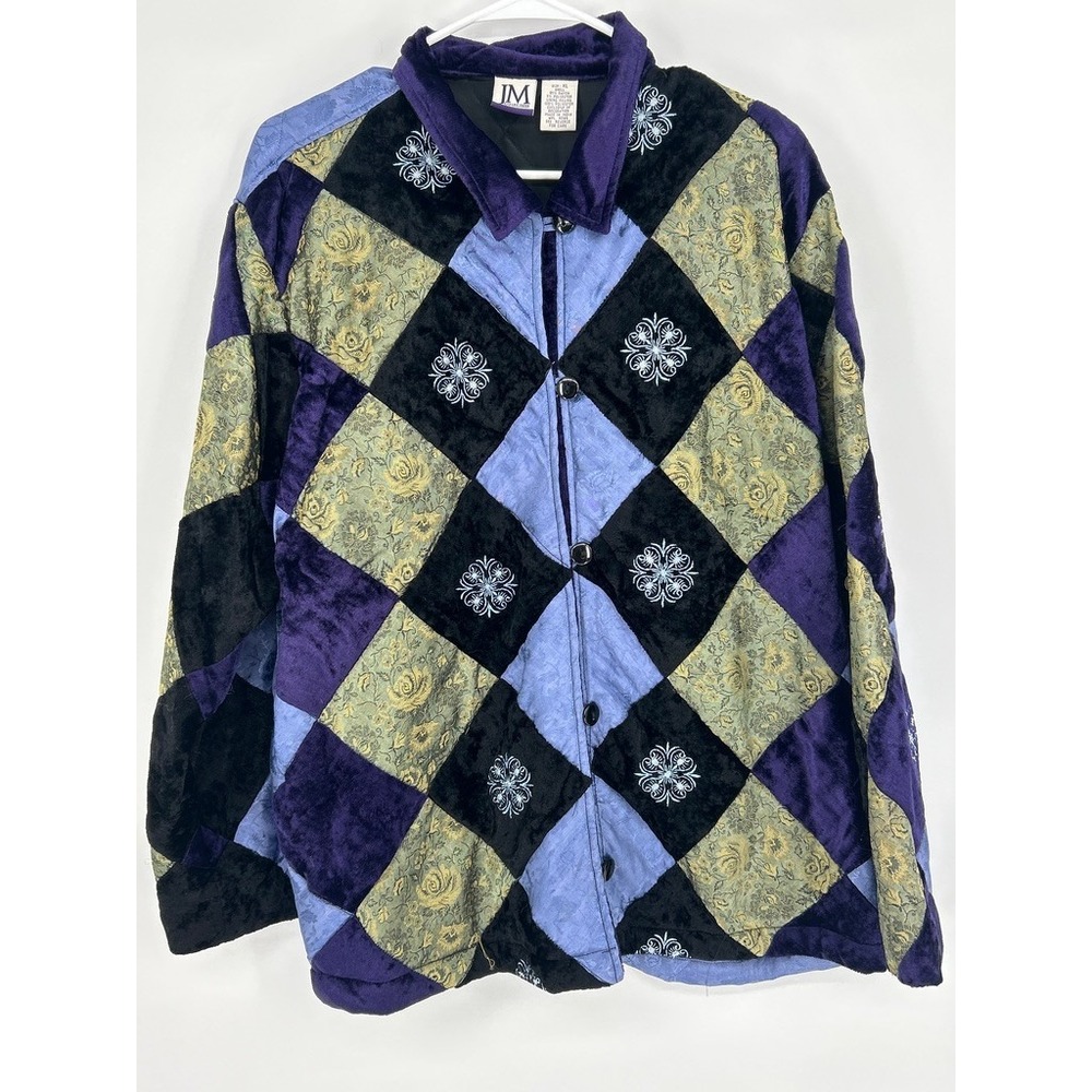 JM Collection XL Velvet Patchwork Jacket Purple Black Embroidered Boho Retro